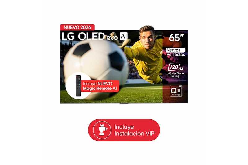 Vista frontal de TV LG 65" OLED evo AI C6 – Fútbol en gran formato y máximo brillo OLED65C6PSA